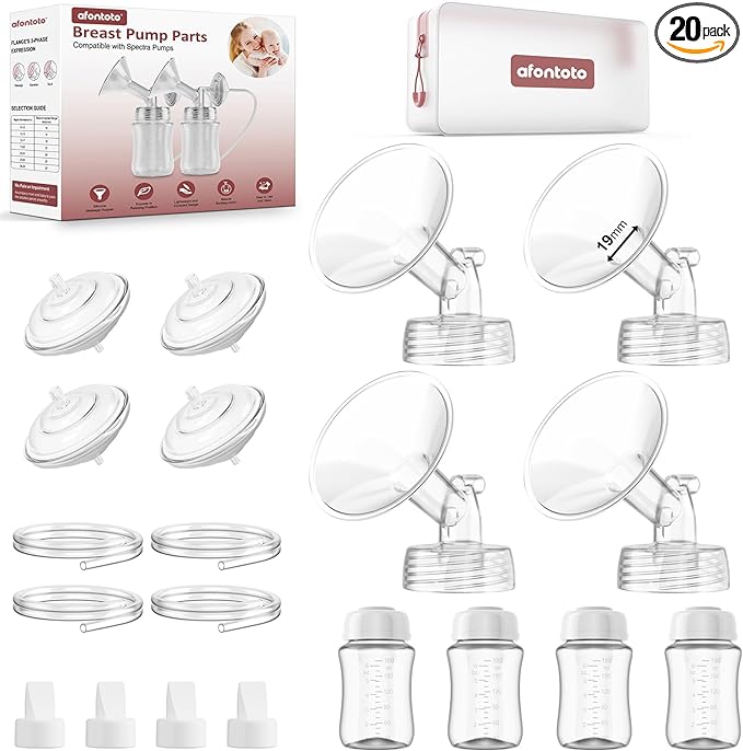 Pump Parts Compatible with Spectra S1/S2/9 Plus Breastpump, 4 Set Replacement Parts for Spectra Include 19mm Flange,Duckbill Valve,Backflow Protector,Tube,Bottle, Not Original Spectra S2 Accessories