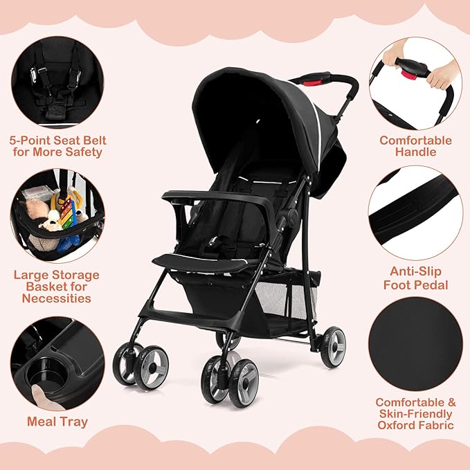 HONEY JOY Travel Stroller, Quick Fold Lightweight Baby Umbrella Stroller for Airplane, Adjustable Canopy & Backrest, Storage Basket, Removable Meal Tray, Compact Stroller Newborn and Toddler(Black)