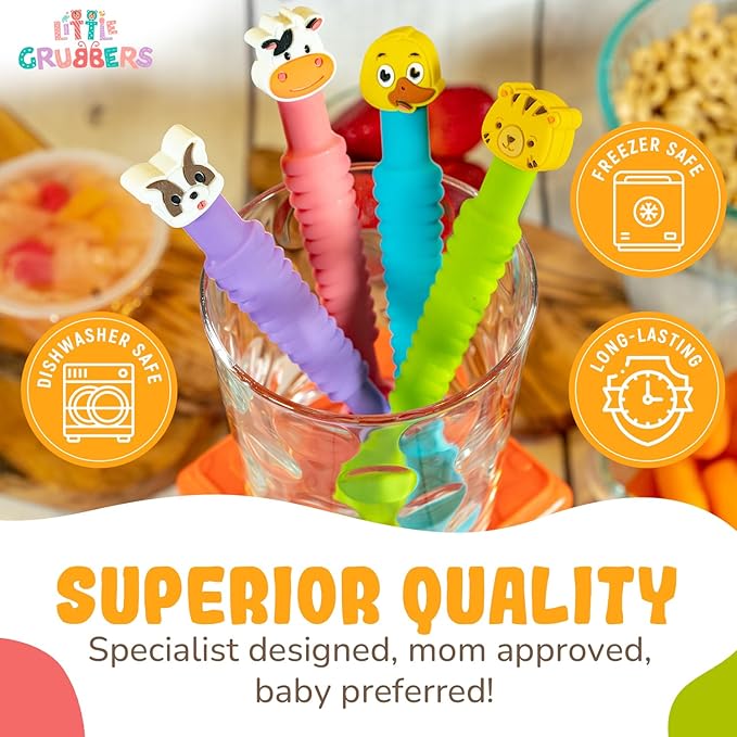 3-in-1 Silicone Baby Spoon Self Feeding 6+ Months - Pediatric OT Designed Teether Spoon, BPA Free Toddler Utensils, Mess-Free, Fun for Baby Led Weaning Supplies, Dog & Tiger