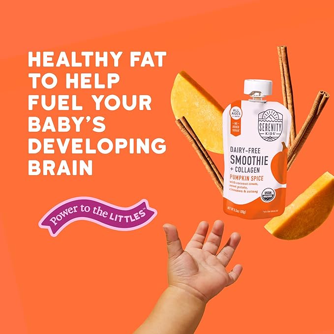Serenity Kids Organic Pumpkin Spice Protein Smoothie Pouch - USDA Organic & Dairy Free - Toddler & Baby Food Pouches - 3.5 Oz, 12 Pack