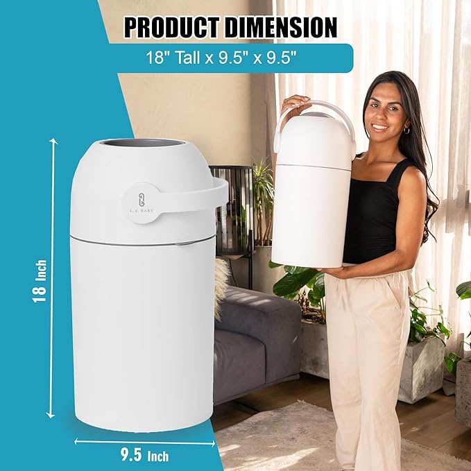 L.A. BABY Magic Diaper Pail - Patented 100% Odor-Free System with Child-Safe Lock - Award-Winning Design - No Refills Required - Works with Regular Trash Bags - White