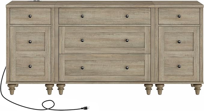 WAMPAT Grey Dresser for Kids Bedroom with 5 Drawers and 2 Storage Cabinet, Nightstands with Charging Station for Living Room, Mid Century Modern Baby Dressers with Wide Chest of Drawers for Nursery