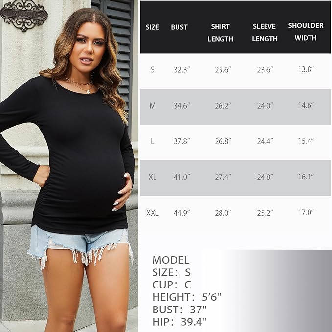Bhome Women's Maternity Shirts 3 Packs Long Sleeve Pregnancy Tops Basic Side Ruched Tunic Blouse