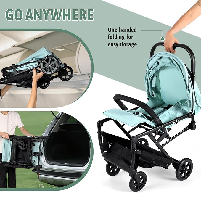 Lightweight Stroller, One-Hand Fold Compact Travel Stroller from Birth to 55 lbs, UPF 50+ Large Canopy & 5-Point Harness, Adjustable Reclining Seat- Green