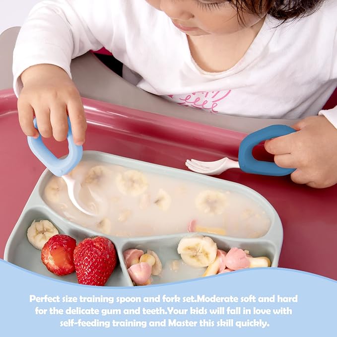 Baby Self Feeding Training Spoon and Fork Set with Travel Case, BPA-Free Cute Circle Toddler Training Utensils, Silicone/ABS Great Tableware Set Spoons Fork for Kids(Blue & Light blue)