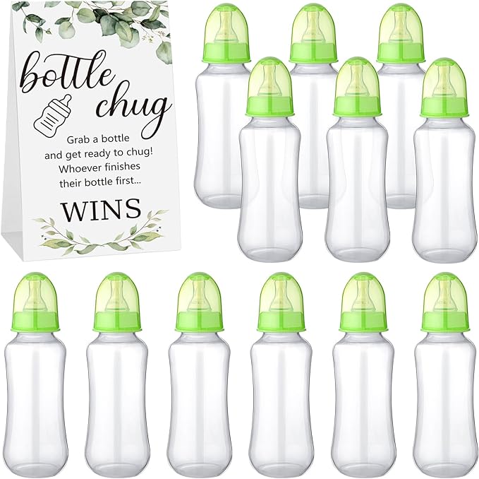 TrelaCo Cool Baby Shower Games Sets 12 Pcs Feeding Bottles with 1 Bottle Chug Sign for Gender Reveal Baby Shower Party Favors Decoration Games(Leaves,Green)