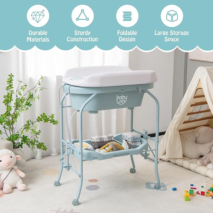 BABY JOY Baby Bathtub with Changing Table, Foldable Infant Diaper Changing Station with Storage Tray, Waterproof Pad, Portable Newborn Nursery Organizer Bath Stand with 4 Universal Wheels (Blue)