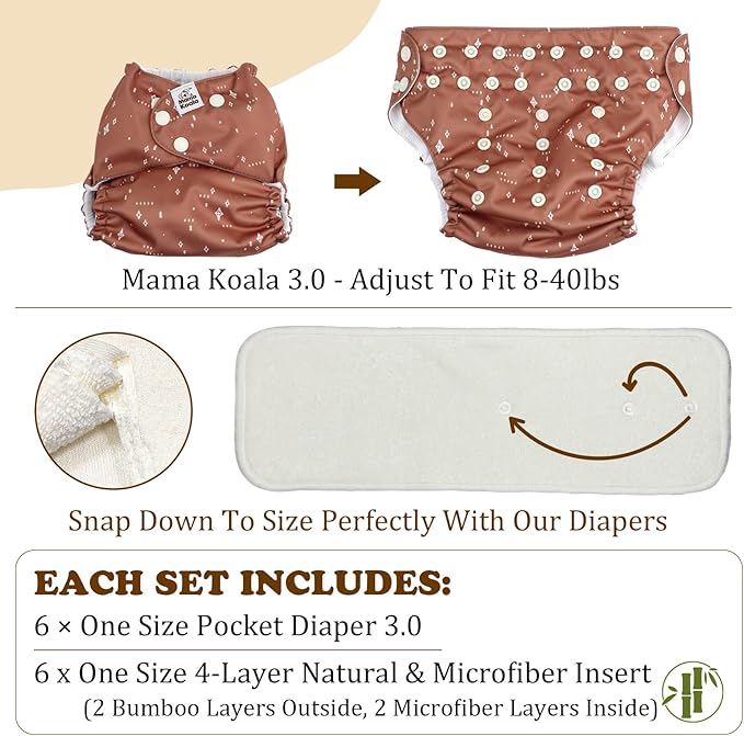 Mama Koala 3.0 Cloth Diapers for Babies with AWJ Lining, 6 Pack with 6 Natural Cloth Diaper Inserts - Reusable and Washable Pocket Diapers (Animals in The Forest)