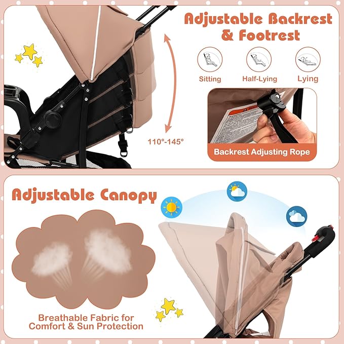 HONEY JOY Travel Stroller, Quick Fold Lightweight Baby Umbrella Stroller for Airplane, Adjustable Canopy & Backrest, Storage Basket, Removable Meal Tray, Compact Stroller Newborn and Toddler(Coffee)