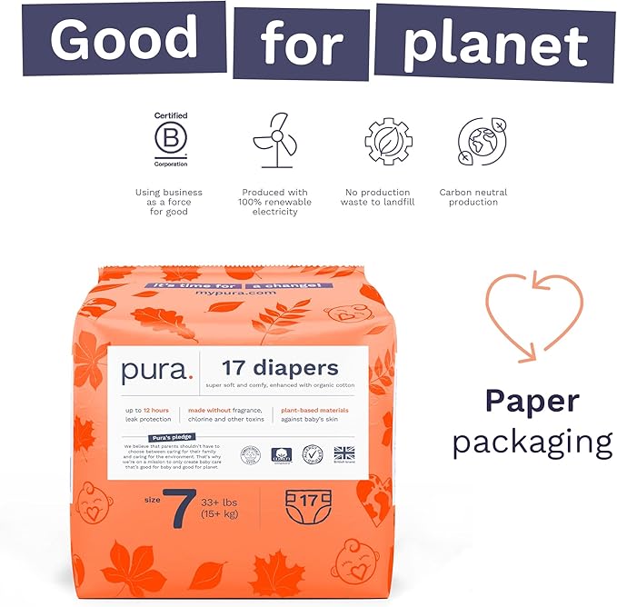 Pura Size 7 Eco-Friendly Diapers (33+lbs) Totally Chlorine Free (TCF) Hypoallergenic, Soft Organic Cotton Comfort, Sustainable, up to 12 Hours Leak Protection, Allergy UK,1 Pack of 17 Diapers