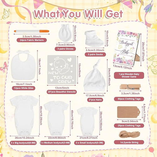 162Pcs Baby Shower Game Decorations Kit with Bibs, Fabric Markers, Wooden Sign, Bodysuits & Tags