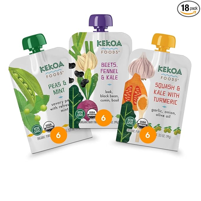Kekoa Foods 100% USDA Certified-Organic Vegetarian Baby Food Puree Variety Pack: 3.5 oz Squeeze Pouches (18 Total) | Beets, Fennel & Kale, Peas & Mint, Squash & Kale with Turmeric | Non-GMO