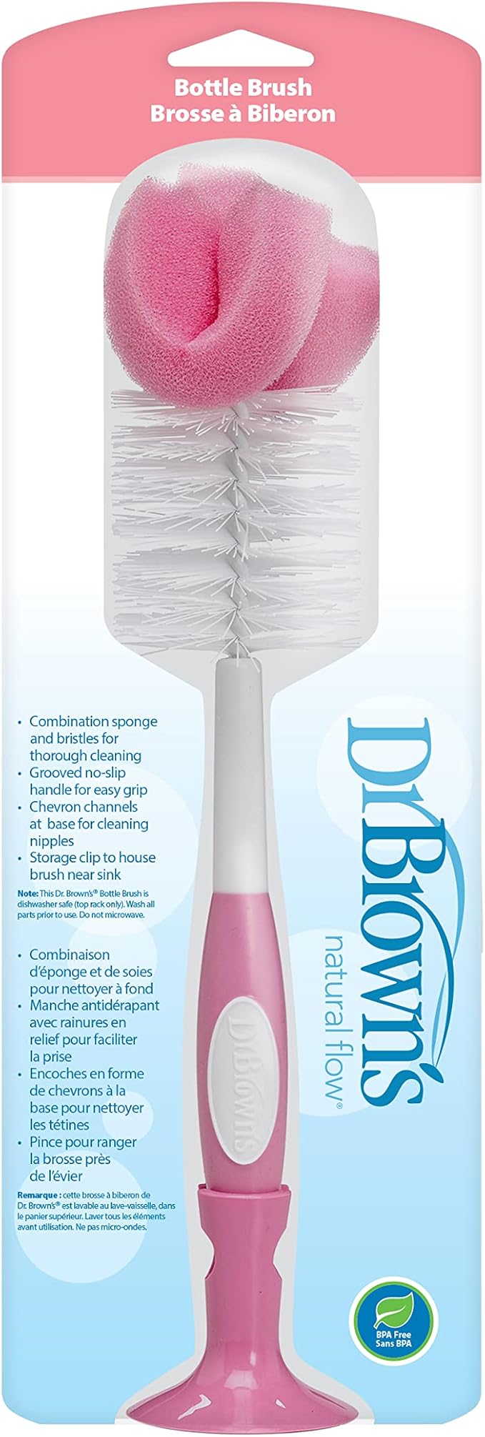 Dr. Brown's Reusable Sponge Baby Bottle Cleaning Brush with Suction Cup Stand, Scrubber and Nipple Cleaner, Pink 1-Pack