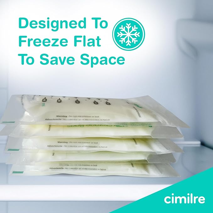 Breast Milk Storage Bags by Cimilre, Leak-Proof Breastmilk Storage Bags, Freeze Flat or Standing, 7 oz. Bags (100 Pack)