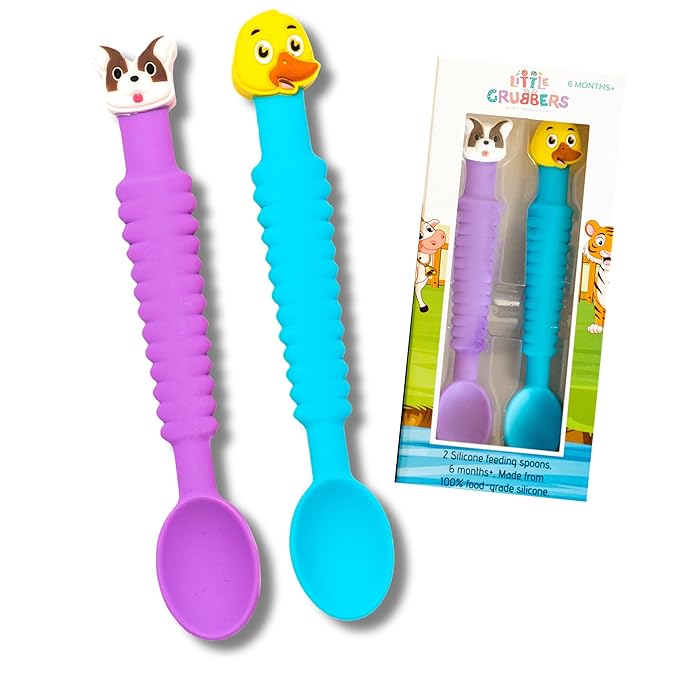 3-in-1 Silicone Baby Spoon Self Feeding 6+ Months - Pediatric OT Designed Teether Spoon, BPA Free Toddler Utensils, Mess-Free, Fun for Baby Led Weaning Supplies, Dog & Duck