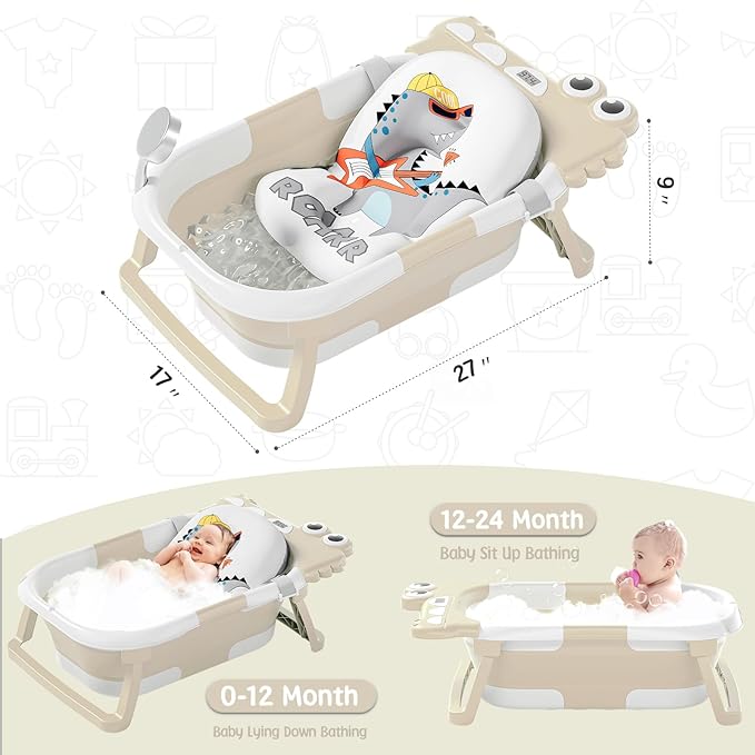 MoreFeel Collapsible Baby Bathtub for Newborn with Thermometer & 1 Hooded Towel & 1 Soft Floating Cushion,Portable Travel Bathtub with Drain Hole, Durable Foldable Baby Tubs for Infants to Toddler