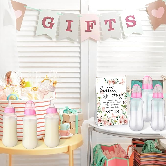 TrelaCo Cool Baby Shower Games Sets 12 Pcs Feeding Bottles with 1 Bottle Chug Sign for Gender Reveal Baby Shower Party Favors Decoration Games(Floral,Pink)