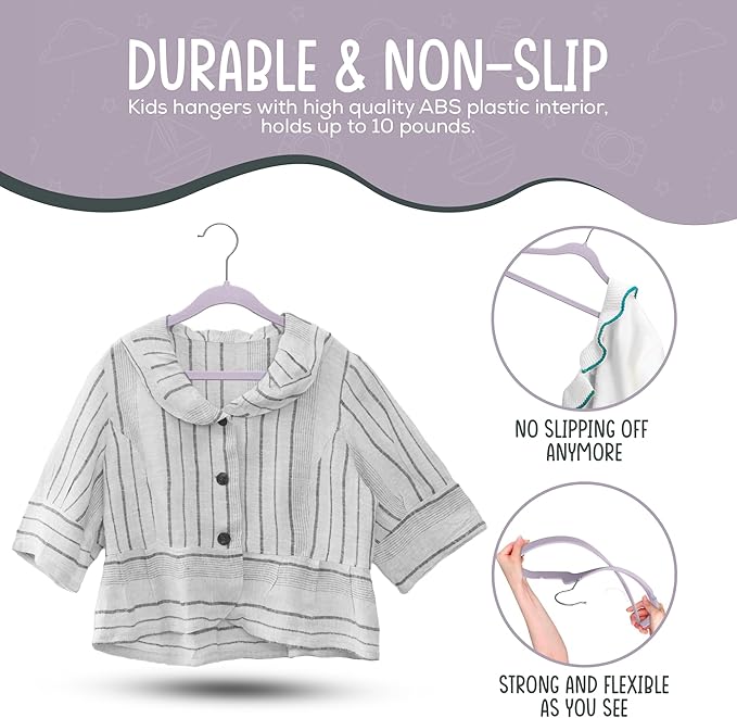 50 Premium Kids Velvet Hangers - 14'' Non-Slip, Ultra-Slim & Space-Saving Hangers - 360° Swivel Hook, Strong & Durable for Children & Preteens - Purple