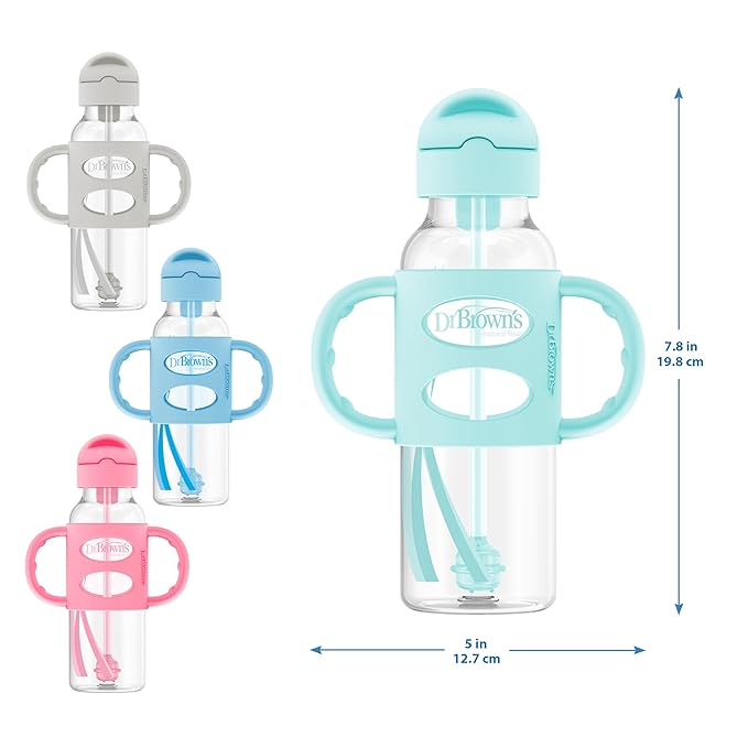 Dr. Brown's Milestones Narrow Sippy Straw Bottle, Spill-Proof with 100% Silicone Handles and Weighted Straw, 8 oz/250 mL, Gray, 6m+