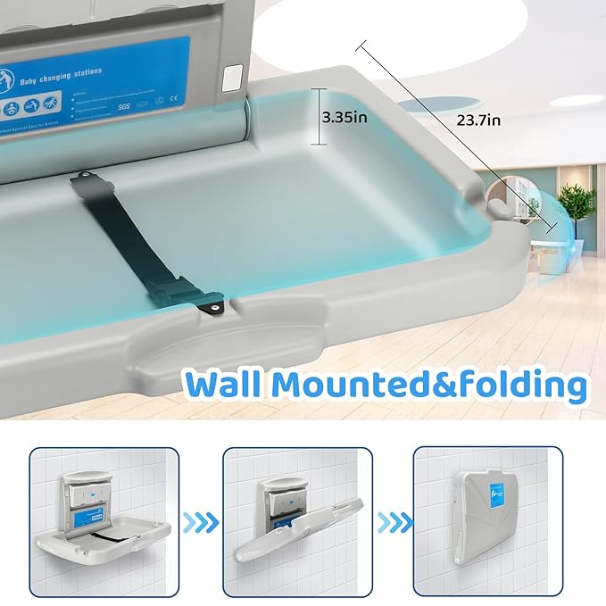Commercial Baby Changing Station Diaper Wall Mount, Foldable Baby Change Station/Diaper Adopt HDPE Safe Materials for Baby, 60lb Wall-Mounted Baby Changing Station Table with Storage Box