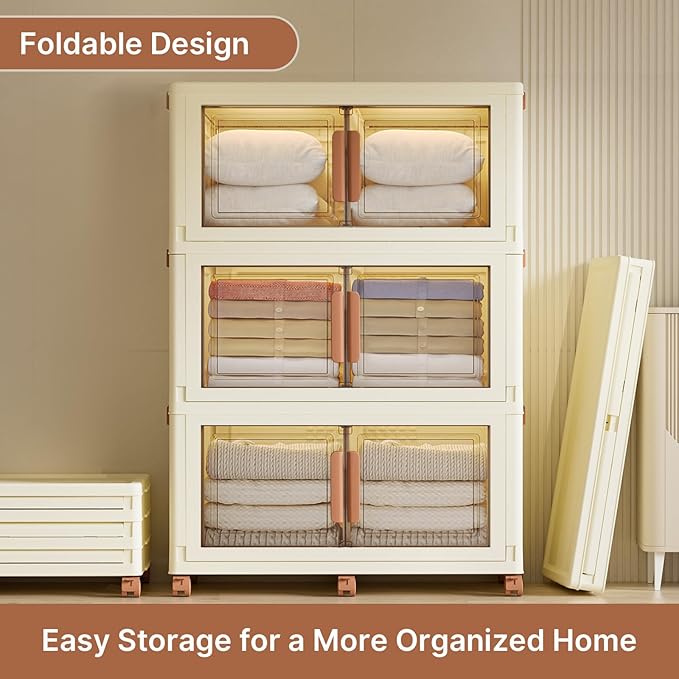 480Qt/120Gal Extra Large Stackable Storage Bins with Lids and Divider, 3Pack Collapsible Drawers with Doors, Foldable Cabinet with Wheels, Plastic Closet Organizers Containers for Home, Dorm