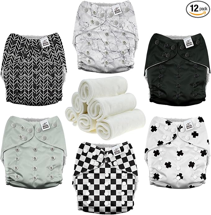 Mama Koala 3.0 Pocket Cloth Diapers for Babies with AWJ Lining, 6 Pack with 6 4-Layer Natural Cloth Diaper Inserts - Reusable and Washable Pocket Diapers (Black and White)