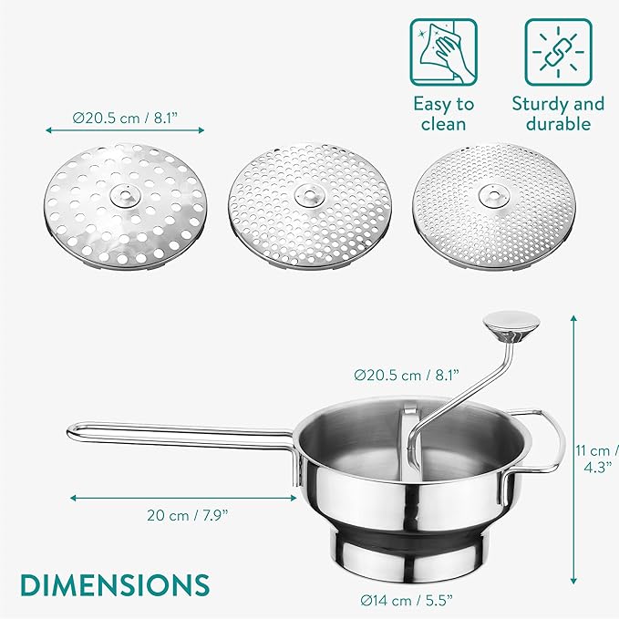 Navaris Stainless Steel Food Mill 2-Quart with 3 Grinding Discs - Rotary Food Mill to Grind & Puree Fruits, Vegetables, Tomato Sauce, Potatoes, Jams and Baby Food Dishwasher Safe