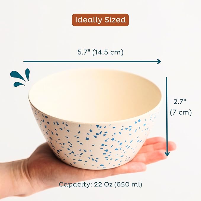 Nook Theory 4 Pack Bamboo Bowls - 22 Oz Reusable Toddler and Kids Bowl, Dishwasher Safe - Not Microwavable Bamboo Dishes (Terrablue)