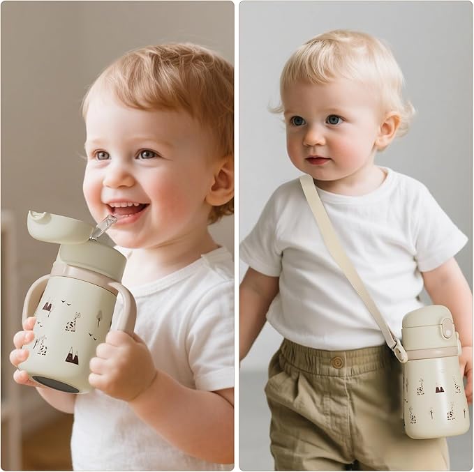 Evorie Leak Proof Vacuum Insulated Water Bottle, 316L Stainless Steel Sippy Cup for Toddlers, 11 oz Straw Cup with Handle & Adjustable Strap, Keeps Drinks Warm or Cold (Giraffe)