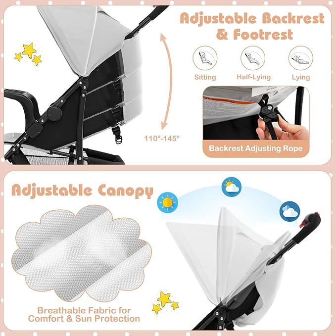 HONEY JOY Lightweight Stroller, Compact Travel Stroller for Airplane, Toddler Fold Pushchair w/Adjustable Canopy & Backrest, Storage Basket, Umbrella Stroller for Infants (Gray)
