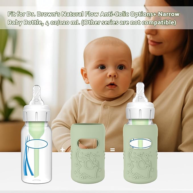 KingKam 4 Pack Silicone Sleeves for Dr. Brown's Glass Baby Bottles, Anti Breakage Baby Bottle Sleeves Holder, Compatible with Dr. Brown's Newborn Narrow Glass Baby Bottles 4oz
