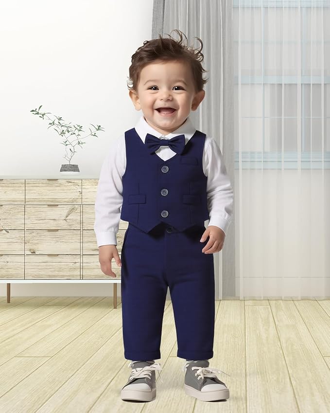Baby Boy Clothes Suits Infant Gentleman Wedding Outfit Formal Dress Shirt Vest Bowtie Pants 4Pcs Baby Suit Sets