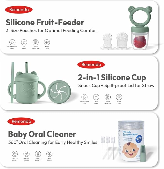Remonda 23-Piece BPA-Free Silicone Baby Feeding Set | Extra Large Suction Plates, Toddler Bowls, Self Feeding Spoons, and More | Dishwasher Safe| Baby Led Weaning Supplies (Green)
