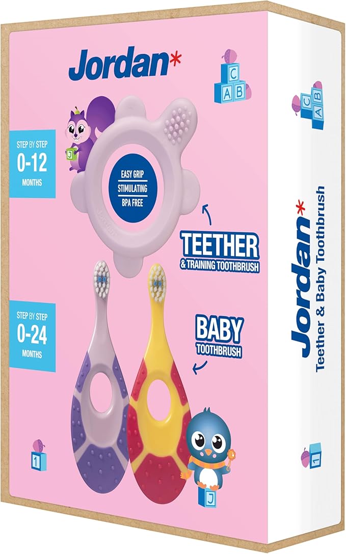 Jordan* ® | Step 0 Teether & Training Toothbrush | BPA-Free, Hygienic, 2-in-1 Teething & Early Brushing Solution for Babies | Pink | 1 Teether + 2 Step 1 Baby Toothbrush