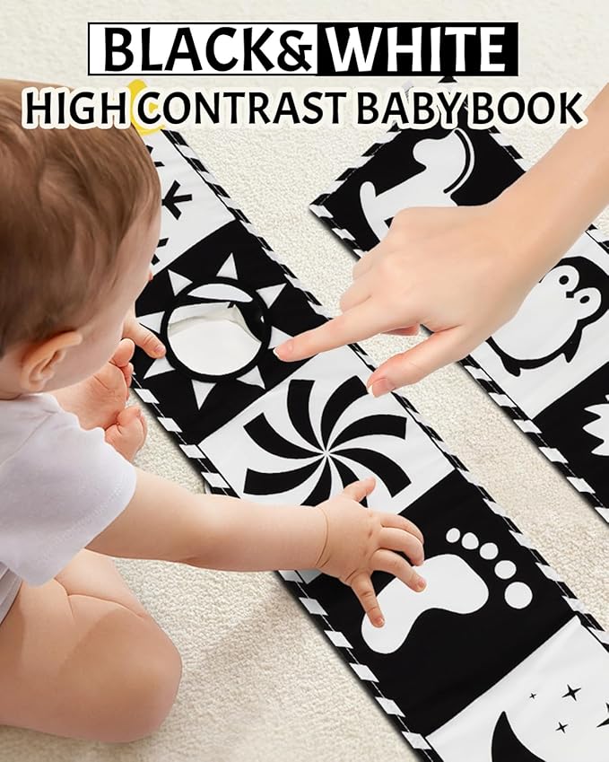 High Contrast Baby Toys, Black and White Newborn Toys for Brain Development, Soft Baby Books, Infant Sensory 0-6-12 Months, Tummy Time Toy, Visual Stimulation Montessori Gift