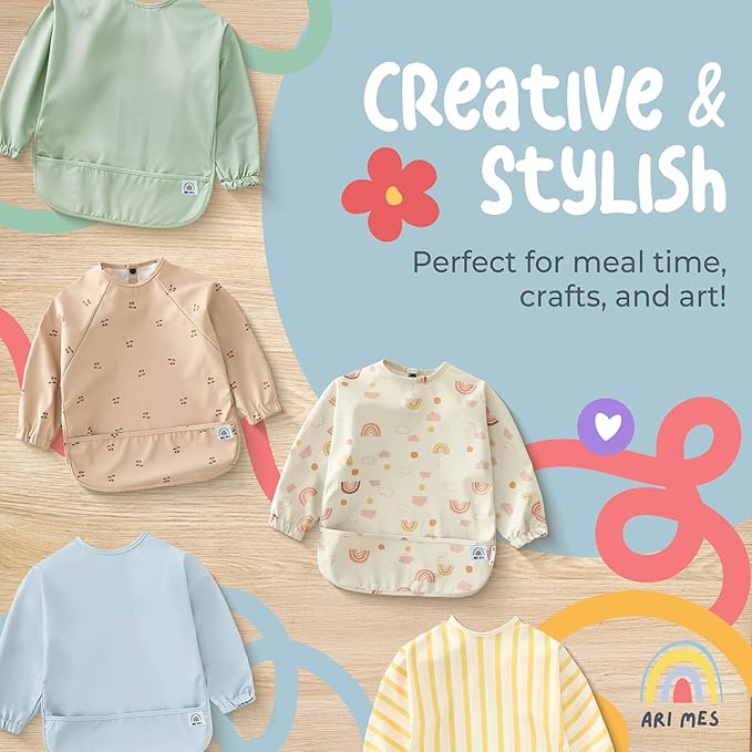ARI MES Long Sleeves Waterproof Baby Bibs for Eating - Animals, Medium- Wearable, Coverall for Toddler, Long Sleeve Bib, Smock Apron for Feeding - Applicable for 6-72 Months