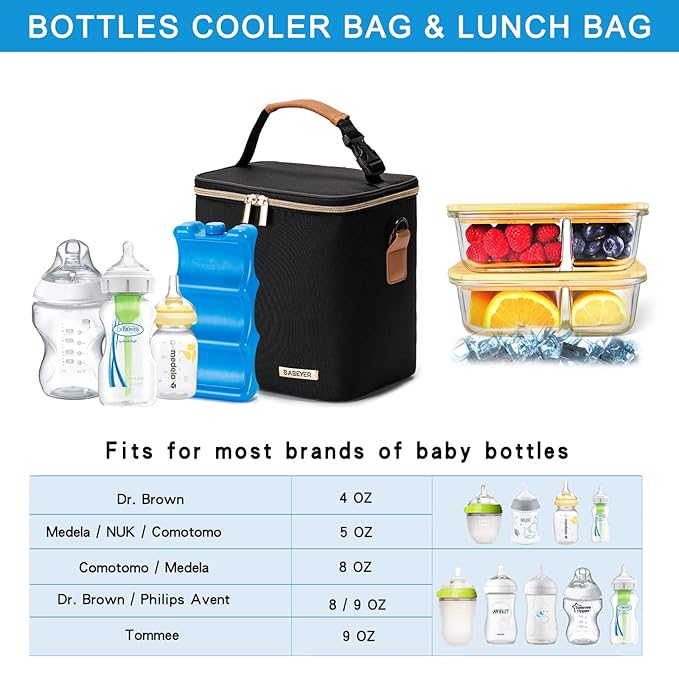 Breastmilk Cooler Bag with Ice Pack Fits 6 Baby Bottles Up to 9 Ounce, Baby Bottle Bag with Shoulder Strap for Nursing Mom Daycare, Black