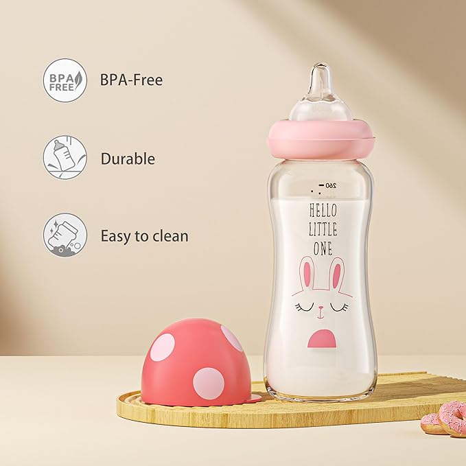YOHKOH Natural Glass Baby Bottle with Natural Response Nipple, Newborn Anti-Colic Baby Bottles, Wide Neck Mushroom Cap Baby Bottle, Clear (8.8ounce (Pack of 4), Red1)