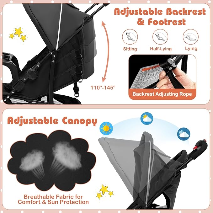 HONEY JOY Travel Stroller, Quick Fold Lightweight Baby Umbrella Stroller for Airplane, Adjustable Canopy & Backrest, Storage Basket, Removable Meal Tray, Compact Stroller Newborn and Toddler(Black)