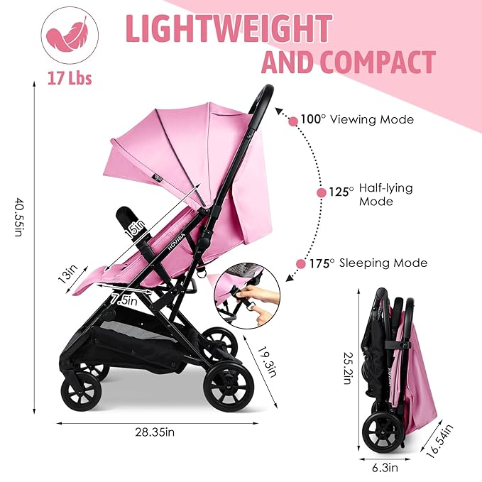 Lightweight Stroller, One-Hand Fold Compact Travel Stroller from Birth to 55 lbs, UPF 50+ Large Canopy & 5-Point Harness, Adjustable Reclining Seat- Pink