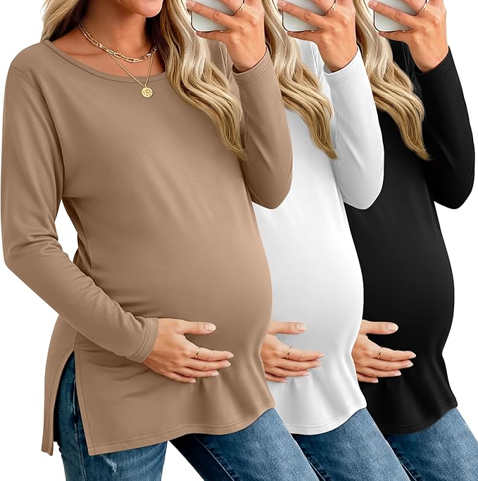 Riyiper 3 Pack Women's Maternity Long Sleeve T-Shirts Round Neck Side Split Tops Loose Casual Pregnancy Mama Clothes Fall