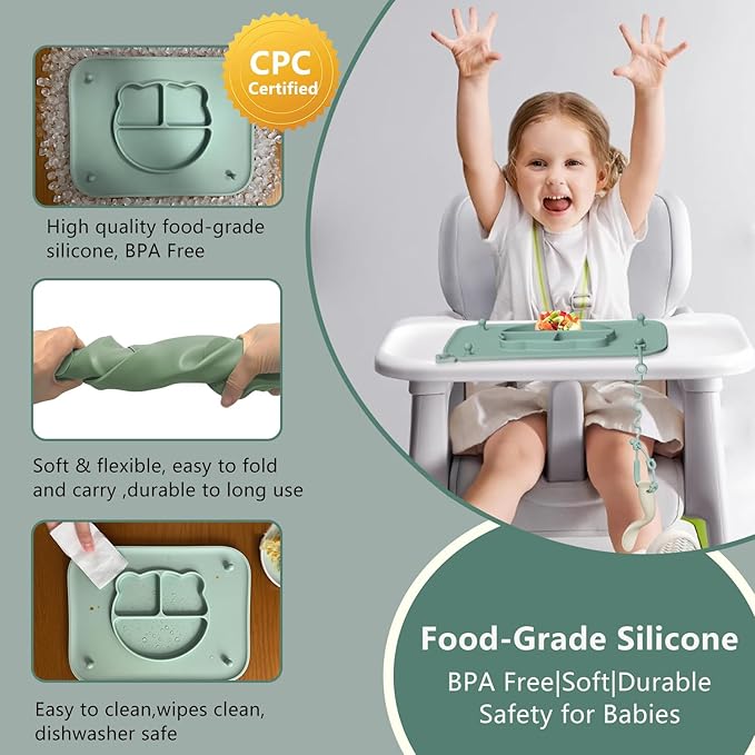 2 Pack Silicone Baby Placemats with Non-Slip Strong Suction Base and Anti-Drop 8 Stretchable Straps, BPA Free Food Grade Silicone Table Mats for Babies Toddlers, High Chair, Dining Tables, Green+Blue