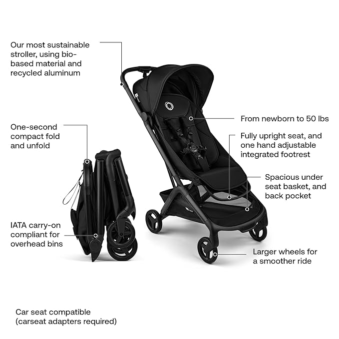 Bugaboo Butterfly 2 Travel Stroller, Ultra-Compact One-Second Fold, Lightweight and Airplane-Friendly (Black)