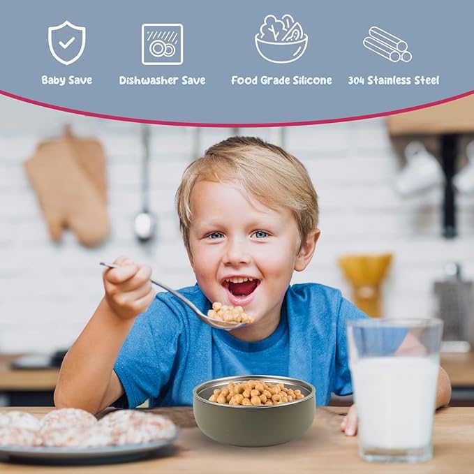 4 Pack Stainless Steel Bowls for Kids - BPA-Free 5" Baby Bowls with Removable Silicone Base - Non-Slip Toddler Bowls for Snacks & Meals (Classic Colors)