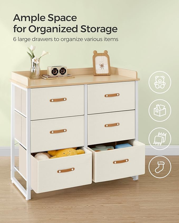 SONGMICS Kids Dresser with 6 Drawers, Boys Girls Dresser, with Water-Resistant Tabletop, Storage Organizer Cabinet, for Bedroom Hallway, Beige UGKR101K01