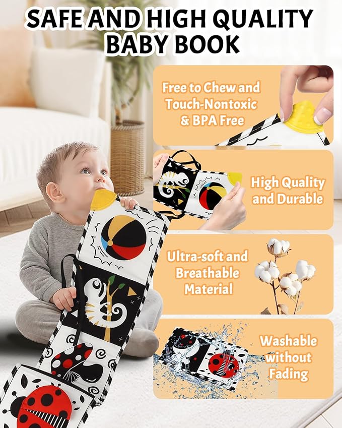 Tummy Time Toys, High Contrast Baby Book with Mirror & Teether, Black and White Infant Books, 0-6-12 Months Soft Book for Newborn, Sensory Books, Tummy Time Car Seat Toys 0-6 Month Boy Girl Gift