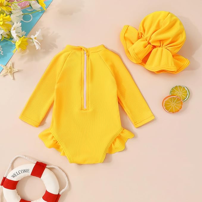 YOUNGER TREE Infant Baby Girls Swimsuit Long Sleeve Swimsuits One Piece Swimsuit Solid Color Bathing Suit with Hat, UPF 50+