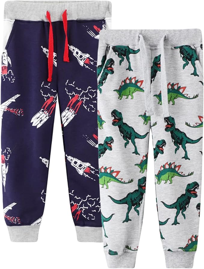 LOKTARC 2 Pack Boys Drawstring Sweatpants Cute Pattern Cotton Sport Jogger Pants