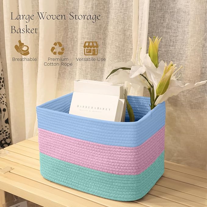 Hopegiver Storage Baskets for Organizing with Handle, Woven Baskets for Shelves - Durable Gift Basket for Cloth Toys Books Baby, Cotton Rope Basket for Dog Cat, 15x11x10 Inch(Blue&Pink&Green)