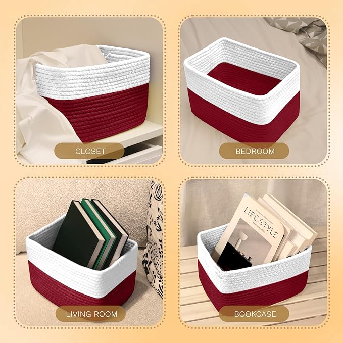 Hopegiver 3 Pack Storage Baskets for Organizing with Handle, Woven Baskets for Shelves - Durable Gift Basket for Cloth Toys Books Baby, Cotton Rope Basket for Dog Cat, 11x8x7 Inch(White&Red)